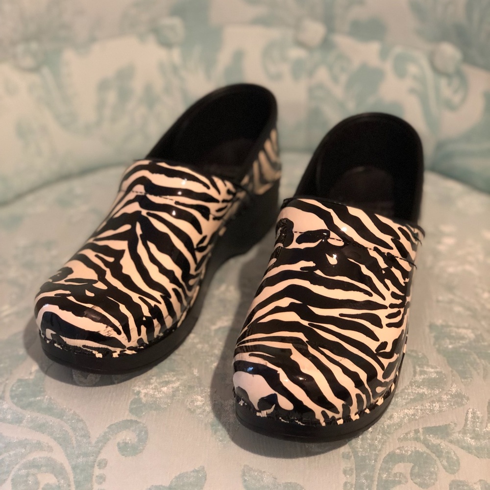 Dansko zebra print patent leather clogs size 38